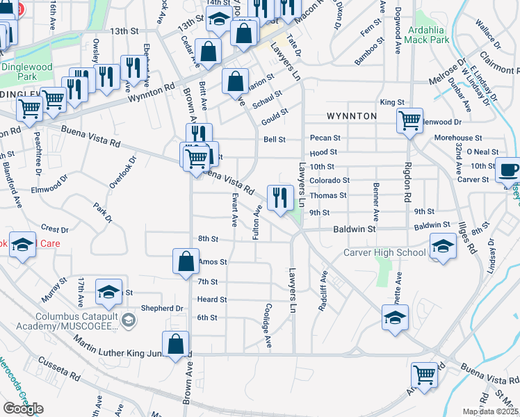 map of restaurants, bars, coffee shops, grocery stores, and more near 2323 Forsyth Street in Columbus