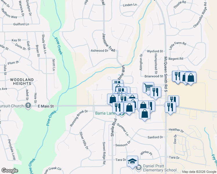 map of restaurants, bars, coffee shops, grocery stores, and more near 1687 Pebble Creek Drive in Prattville
