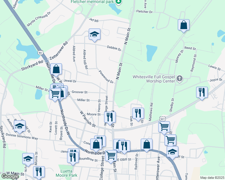 map of restaurants, bars, coffee shops, grocery stores, and more near 374 North College Street in Statesboro