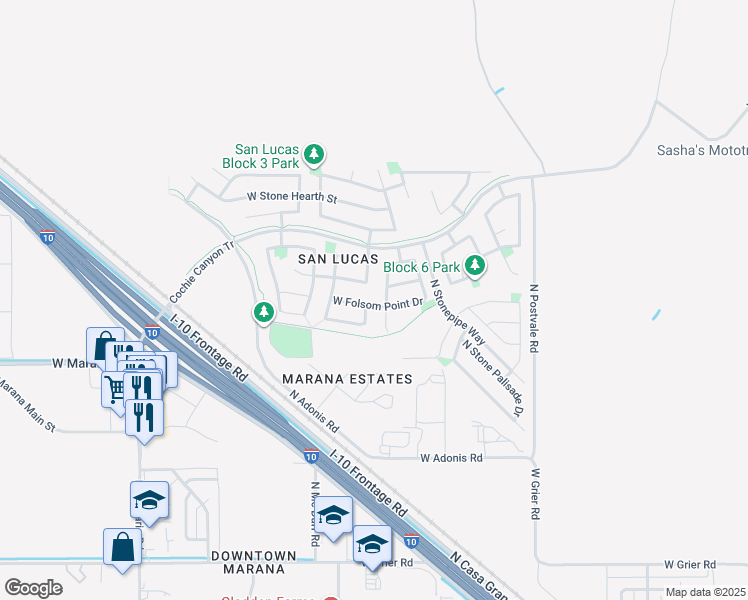 map of restaurants, bars, coffee shops, grocery stores, and more near 11334 West Folsom Point Drive in Marana
