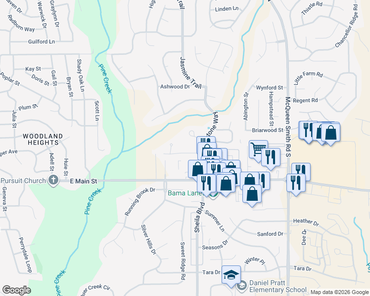 map of restaurants, bars, coffee shops, grocery stores, and more near 1687 Pebble Creek Drive in Prattville