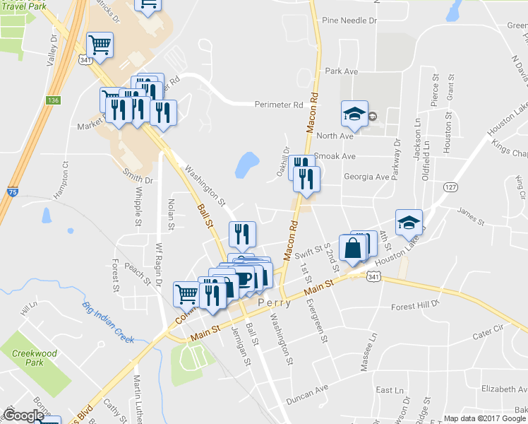 map of restaurants, bars, coffee shops, grocery stores, and more near 100 Ashley Drive in Perry