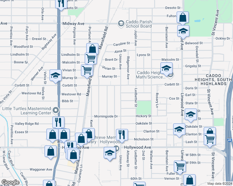 map of restaurants, bars, coffee shops, grocery stores, and more near 5131 Bienville Avenue in Shreveport
