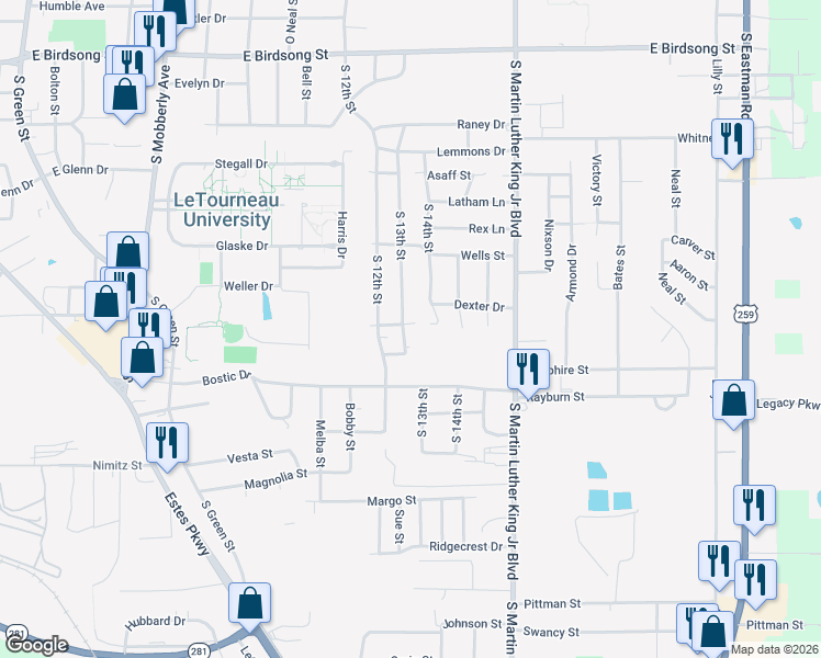 map of restaurants, bars, coffee shops, grocery stores, and more near 2400 South 13th Street in Longview