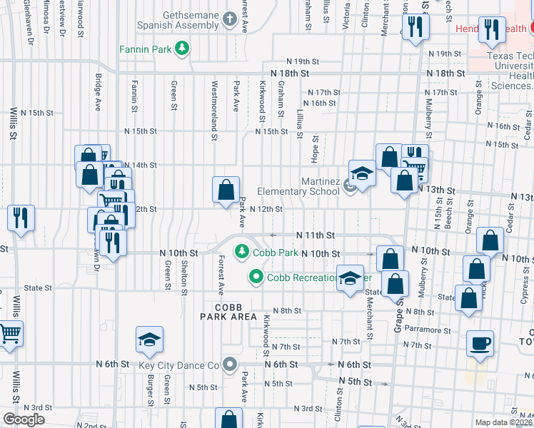 map of restaurants, bars, coffee shops, grocery stores, and more near 1157 Kirkwood Street in Abilene