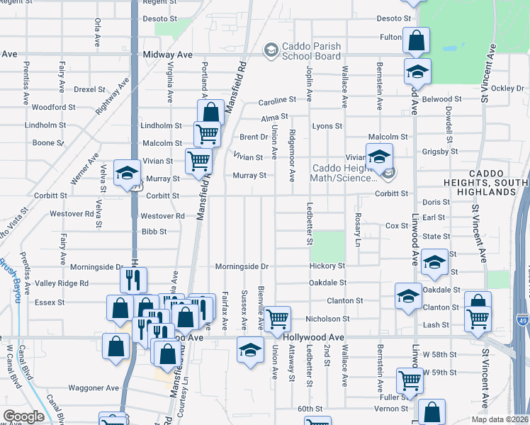 map of restaurants, bars, coffee shops, grocery stores, and more near 5131 Bienville Avenue in Shreveport