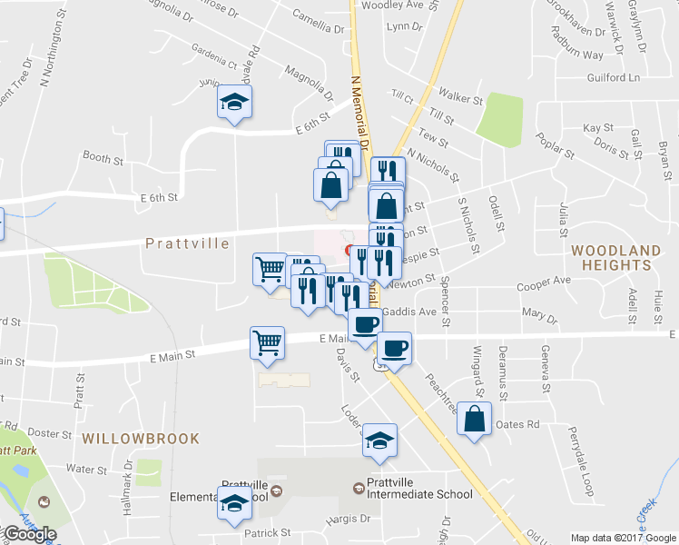 map of restaurants, bars, coffee shops, grocery stores, and more near 850 Gillespie Street in Prattville