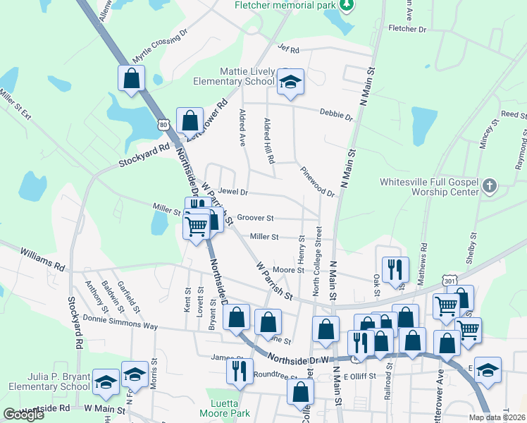 map of restaurants, bars, coffee shops, grocery stores, and more near 310 Groover Street in Statesboro