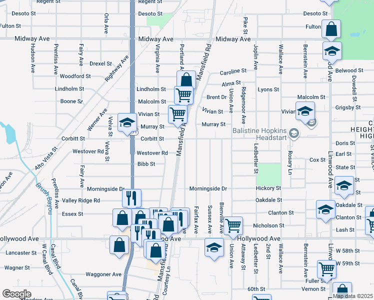 map of restaurants, bars, coffee shops, grocery stores, and more near 5133 Kent Avenue in Shreveport