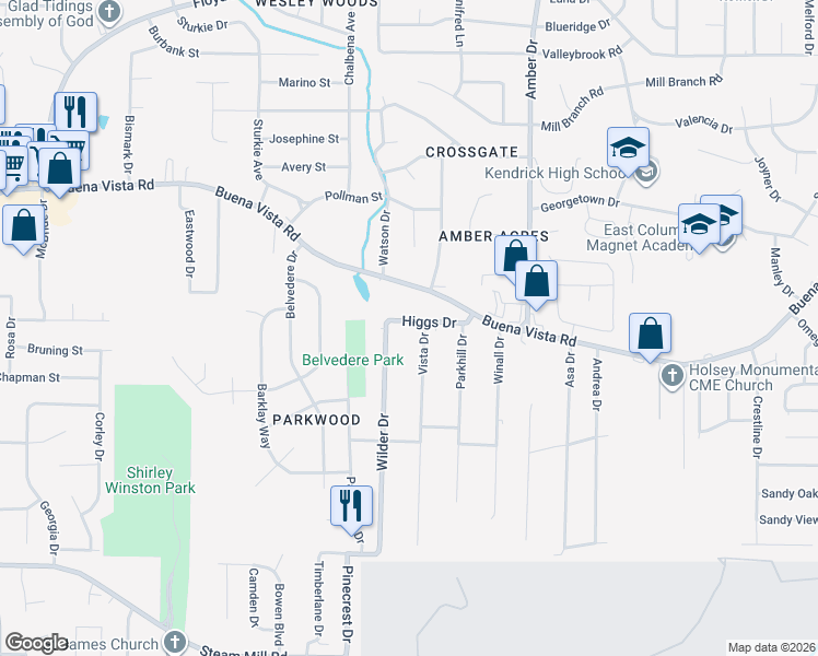 map of restaurants, bars, coffee shops, grocery stores, and more near 5556 Higgs Drive in Columbus