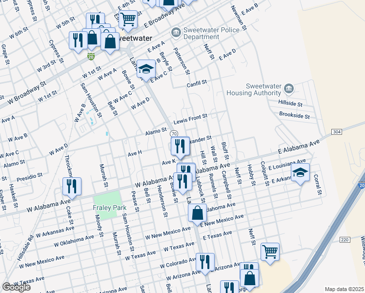 map of restaurants, bars, coffee shops, grocery stores, and more near 702 Lubbock Street in Sweetwater