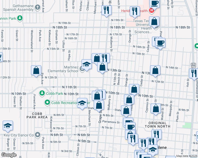 map of restaurants, bars, coffee shops, grocery stores, and more near 1729 North 12th Street in Abilene