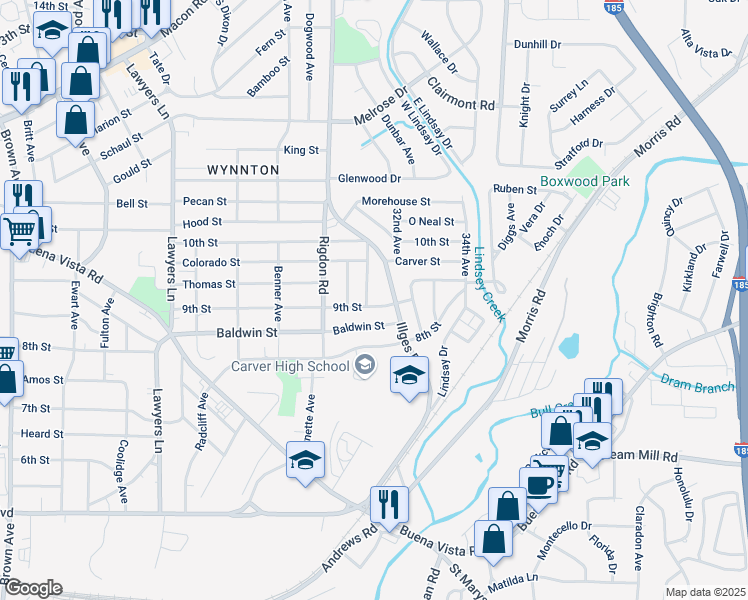 map of restaurants, bars, coffee shops, grocery stores, and more near 3107 9th Street in Columbus