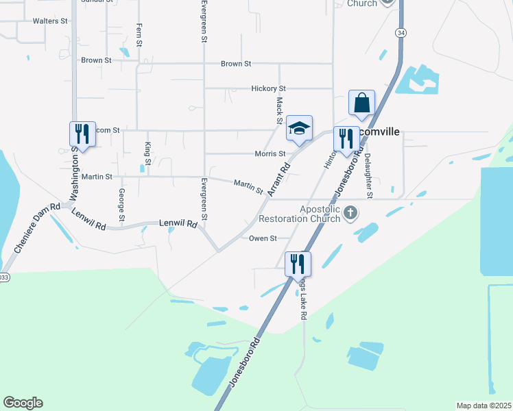 map of restaurants, bars, coffee shops, grocery stores, and more near 208 Arrant Road in West Monroe
