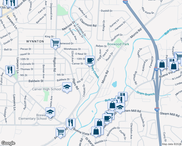 map of restaurants, bars, coffee shops, grocery stores, and more near 802 34th Avenue in Columbus