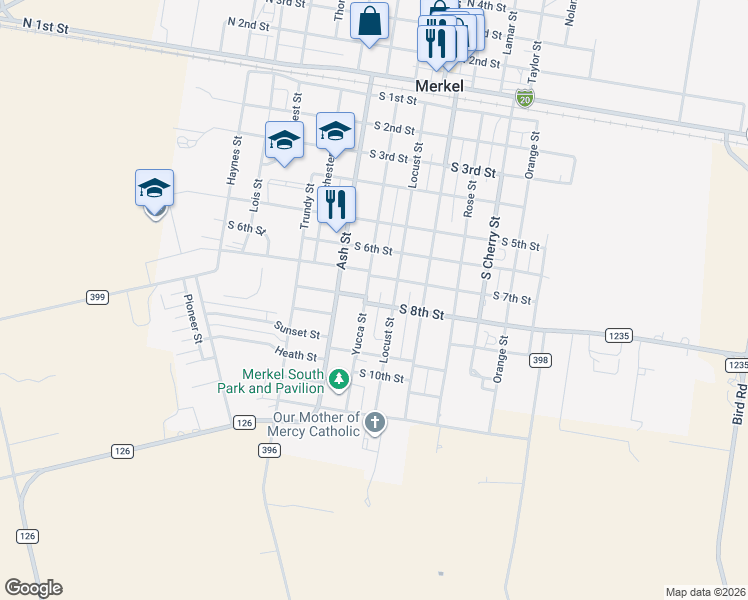 map of restaurants, bars, coffee shops, grocery stores, and more near 1212 South 8th Street in Merkel