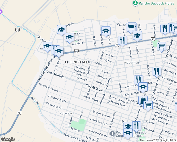 map of restaurants, bars, coffee shops, grocery stores, and more near Nogales in San Luis Río Colorado
