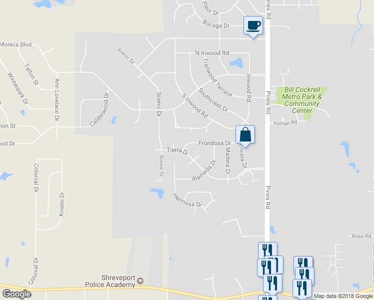 map of restaurants, bars, coffee shops, grocery stores, and more near 6451 Frondosa Drive in Shreveport