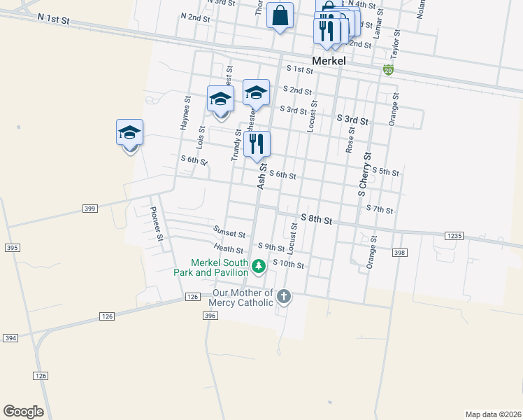 map of restaurants, bars, coffee shops, grocery stores, and more near 801 Ash Street in Merkel