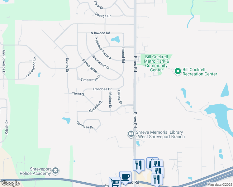 map of restaurants, bars, coffee shops, grocery stores, and more near 4209 Madera Drive in Shreveport