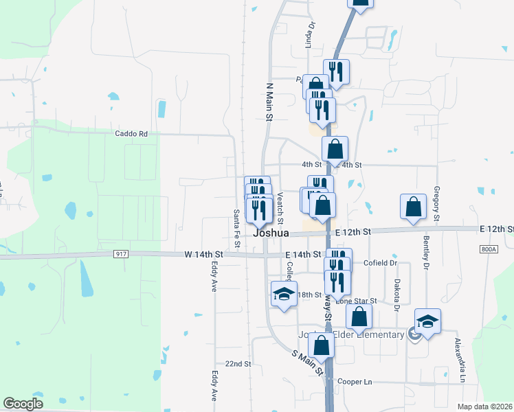 map of restaurants, bars, coffee shops, grocery stores, and more near 205 North Main Street in Joshua