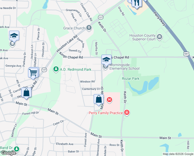 map of restaurants, bars, coffee shops, grocery stores, and more near 1508 Windsor Road in Perry
