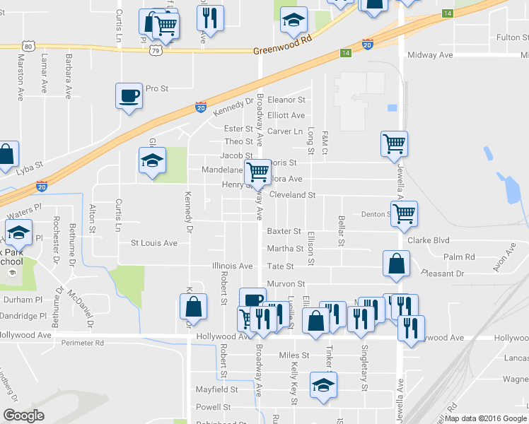 map of restaurants, bars, coffee shops, grocery stores, and more near 5221 Broadway Ave in Shreveport