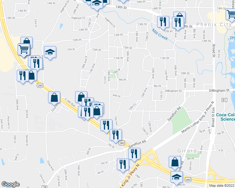 map of restaurants, bars, coffee shops, grocery stores, and more near 1501 Adie Street in Phenix City