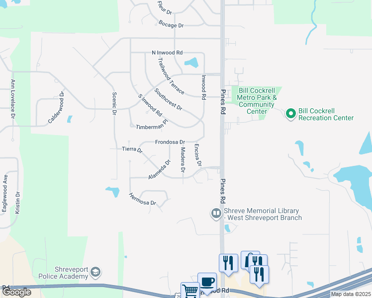 map of restaurants, bars, coffee shops, grocery stores, and more near 4209 Madera Drive in Shreveport