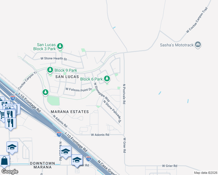 map of restaurants, bars, coffee shops, grocery stores, and more near 11110 West Snaketown Street in Marana