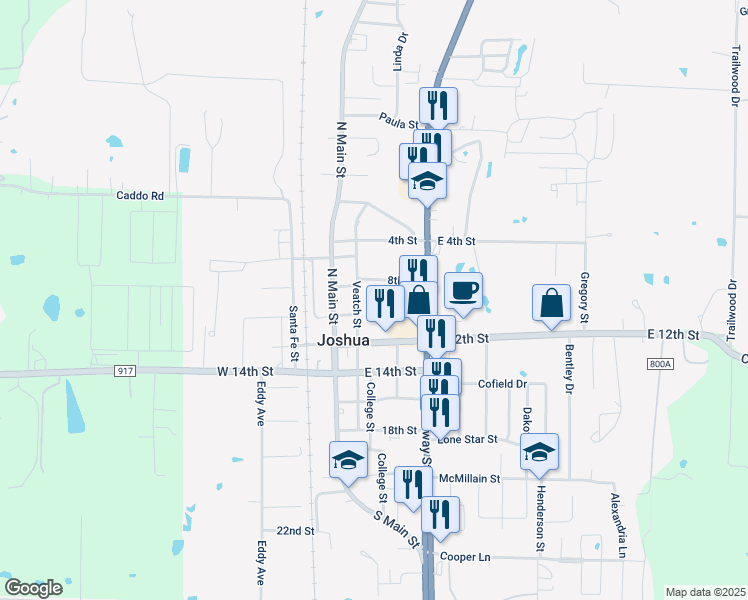 map of restaurants, bars, coffee shops, grocery stores, and more near 216 8th Street in Joshua