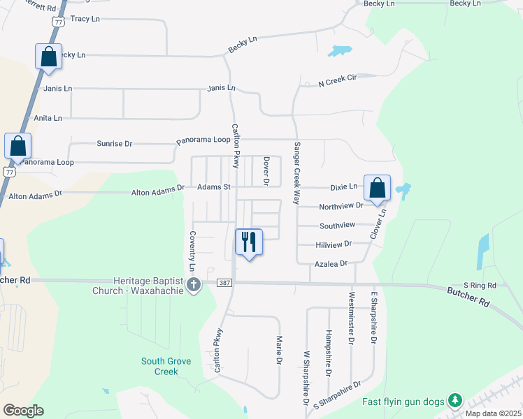 map of restaurants, bars, coffee shops, grocery stores, and more near 105 South Hampton Place in Waxahachie