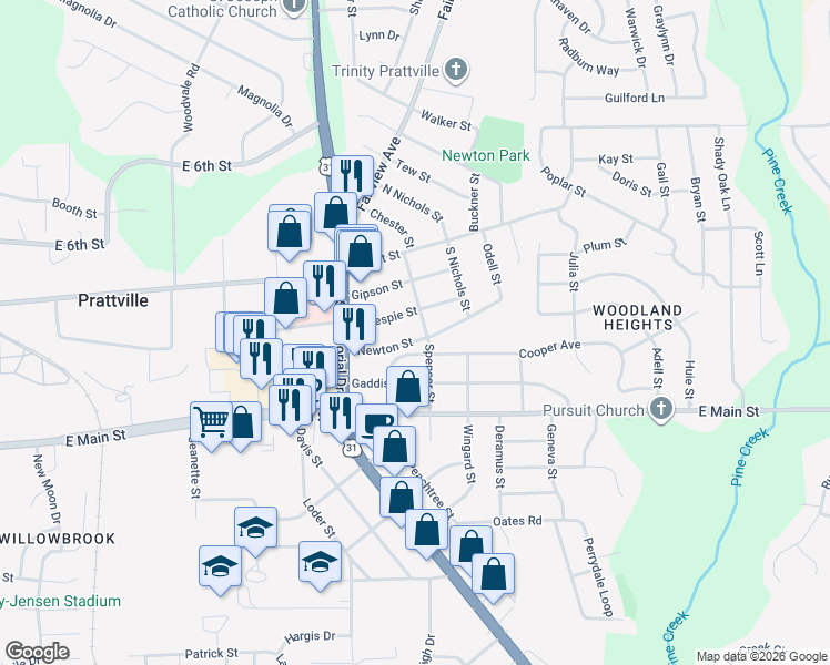 map of restaurants, bars, coffee shops, grocery stores, and more near 979 Newton Street in Prattville