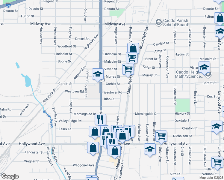 map of restaurants, bars, coffee shops, grocery stores, and more near 2620 Westover Road in Shreveport