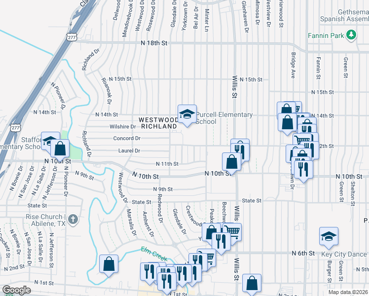 map of restaurants, bars, coffee shops, grocery stores, and more near 1196 Bel Air Drive in Abilene
