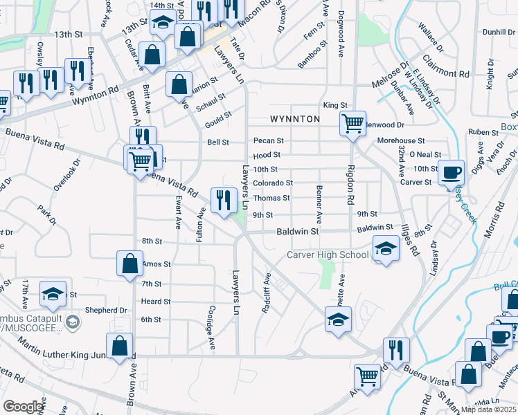 map of restaurants, bars, coffee shops, grocery stores, and more near 2703 9th Street in Columbus