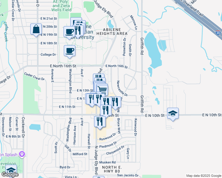map of restaurants, bars, coffee shops, grocery stores, and more near 1313 Westheimer Road in Abilene