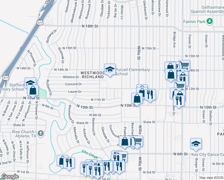 map of restaurants, bars, coffee shops, grocery stores, and more near 1196 Bel Air Drive in Abilene