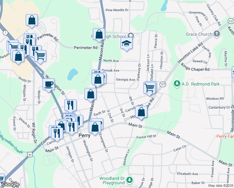 map of restaurants, bars, coffee shops, grocery stores, and more near 1112 3rd Street in Perry
