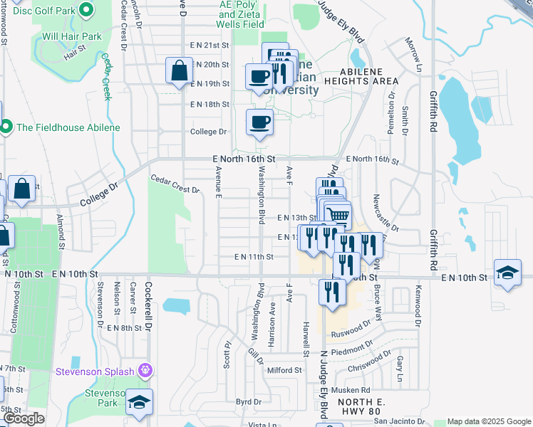 map of restaurants, bars, coffee shops, grocery stores, and more near 1301 Washington Boulevard in Abilene