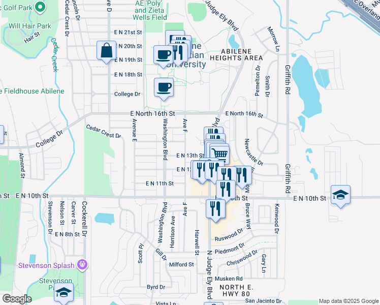 map of restaurants, bars, coffee shops, grocery stores, and more near 916 East North 13th Street in Abilene