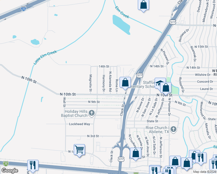 map of restaurants, bars, coffee shops, grocery stores, and more near 1042 North Alameda Road in Abilene