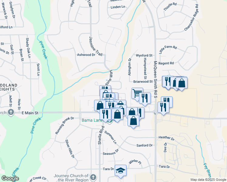 map of restaurants, bars, coffee shops, grocery stores, and more near 1710 Twelve Oaks Lane in Prattville