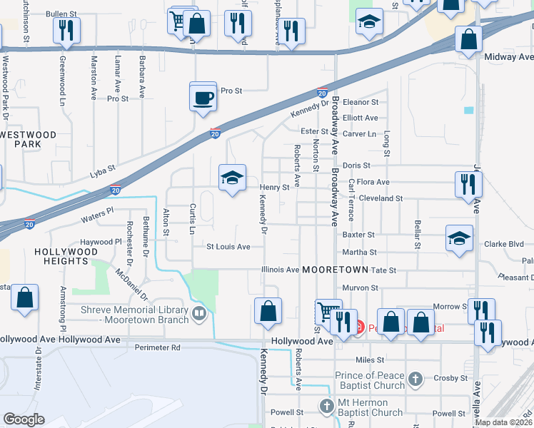 map of restaurants, bars, coffee shops, grocery stores, and more near 5213 Kennedy Drive in Shreveport