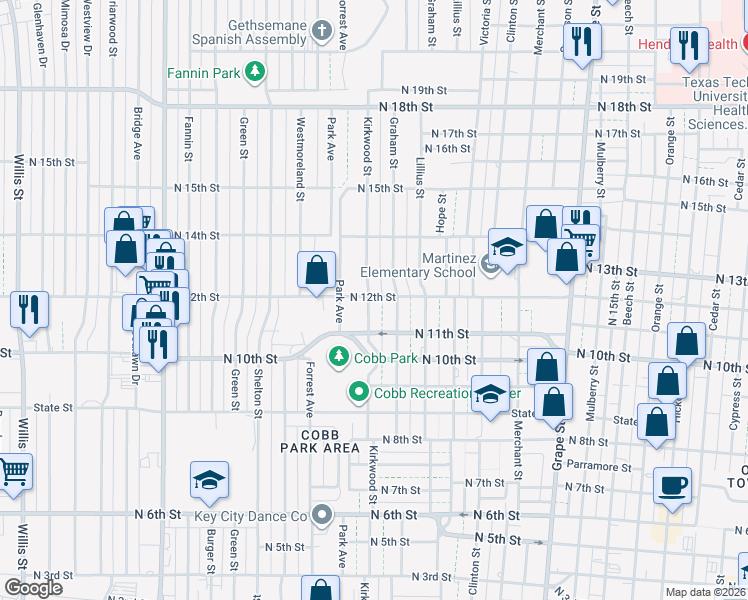 map of restaurants, bars, coffee shops, grocery stores, and more near 1157 Kirkwood Street in Abilene