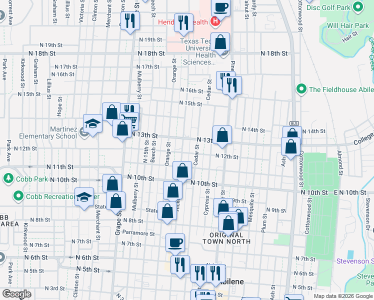 map of restaurants, bars, coffee shops, grocery stores, and more near 1203 Hickory Street in Abilene