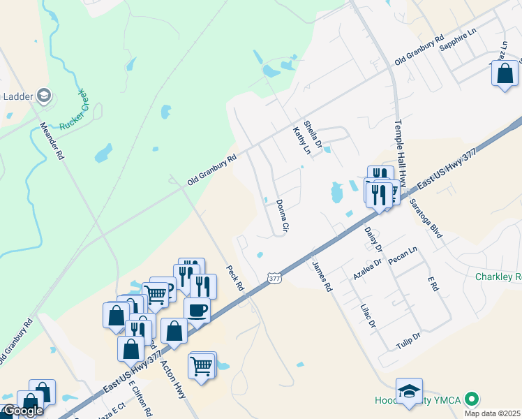 map of restaurants, bars, coffee shops, grocery stores, and more near 200 Donna Circle in Granbury