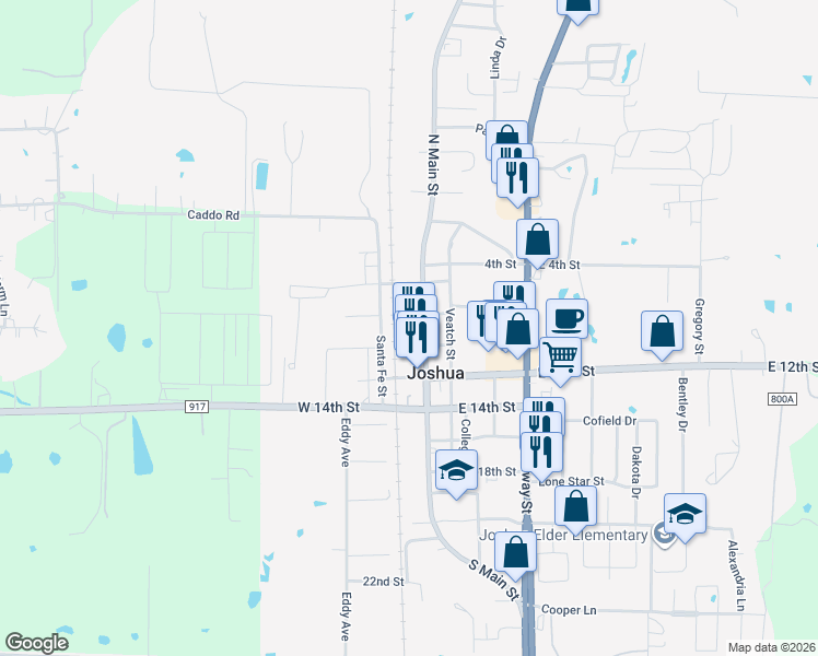 map of restaurants, bars, coffee shops, grocery stores, and more near 205 North Main Street in Joshua