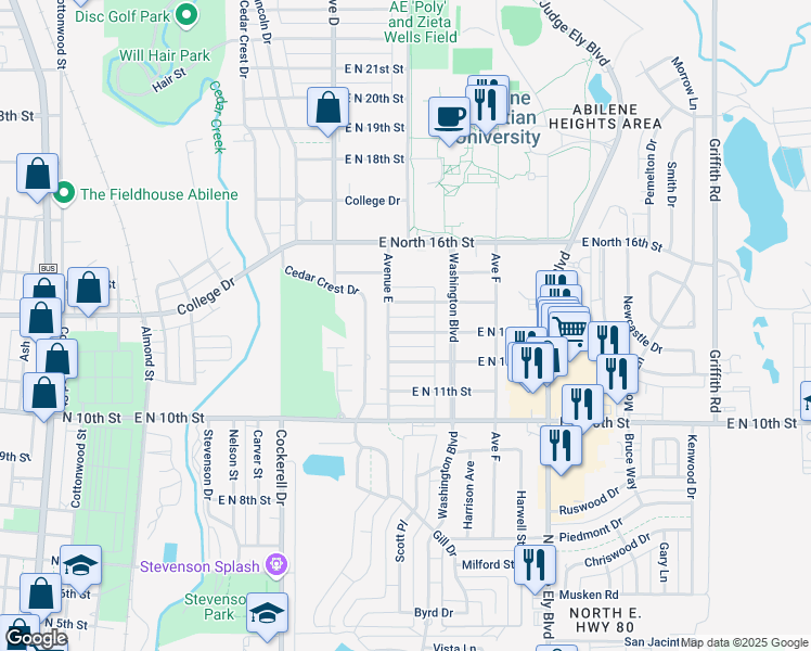 map of restaurants, bars, coffee shops, grocery stores, and more near 726 East North 13th Street in Abilene