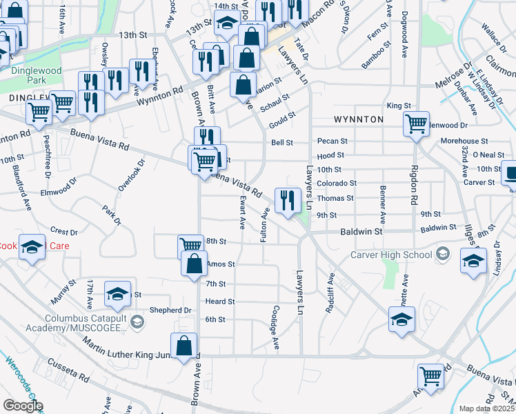 map of restaurants, bars, coffee shops, grocery stores, and more near 2323 Forsyth Street in Columbus
